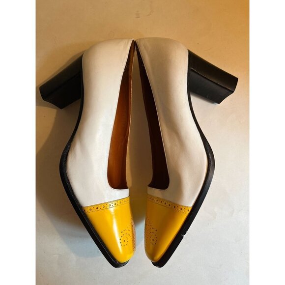 NEW Ralph Lauren Vintage Oxford Brogue Cap Toe Heels Shoe White Yellow 8 B - Picture 4 of 8
